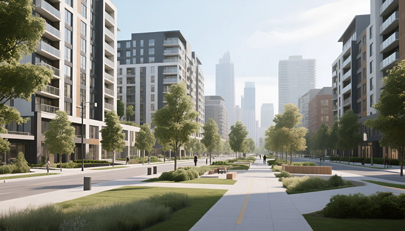Modern sustainable high-rise community with greenery